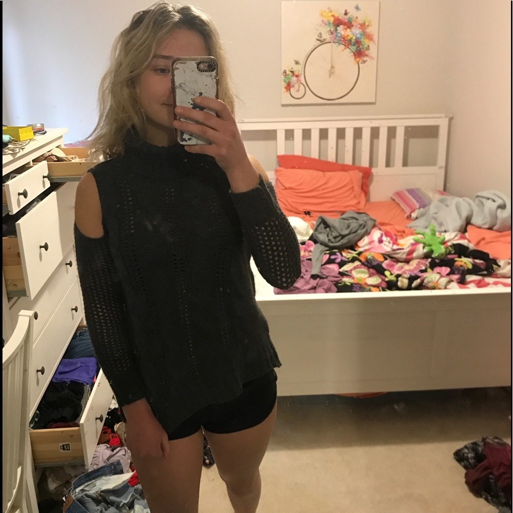 Grey cold shoulder turtleneck sweater